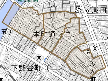 本町通とその周辺の地図。町の範囲を重ねている