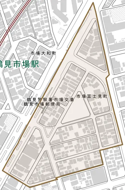 市場富士見町とその周辺の地図。町の範囲を重ねている