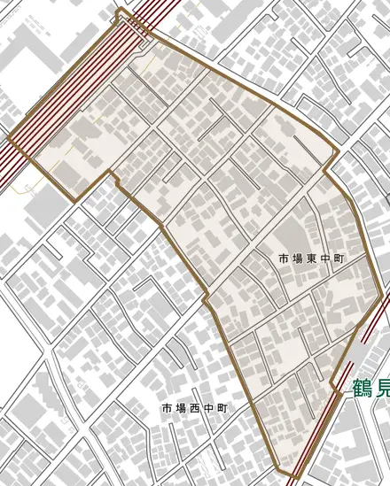 市場東中町とその周辺の地図。町の範囲を重ねている