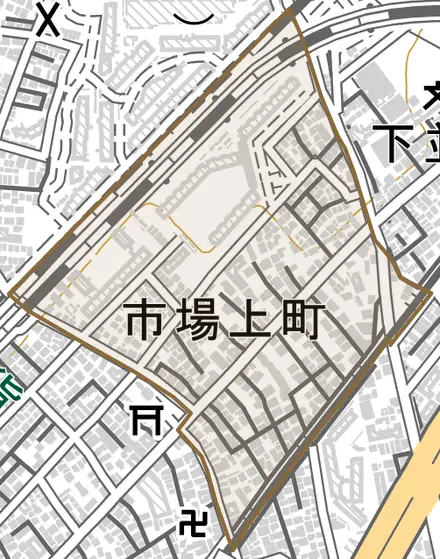 市場上町とその周辺の地図。町の範囲を重ねている
