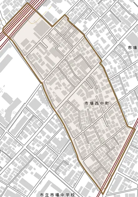 市場西中町とその周辺の地図。町の範囲を重ねている