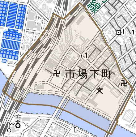 市場下町とその周辺の地図。町の範囲を重ねている
