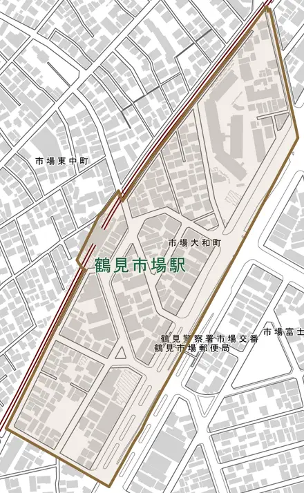 市場大和町とその周辺の地図。町の範囲を重ねている