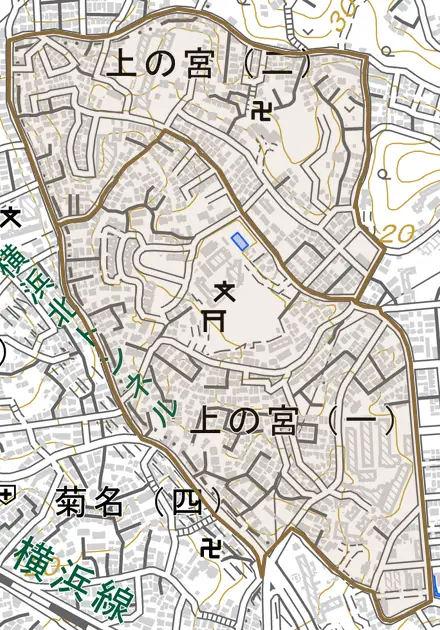 上の宮とその周辺の地図。町の範囲を重ねている