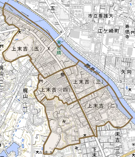 上末吉とその周辺の地図。町の範囲を重ねている