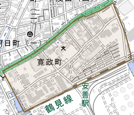 寛政町とその周辺の地図。町の範囲を重ねている