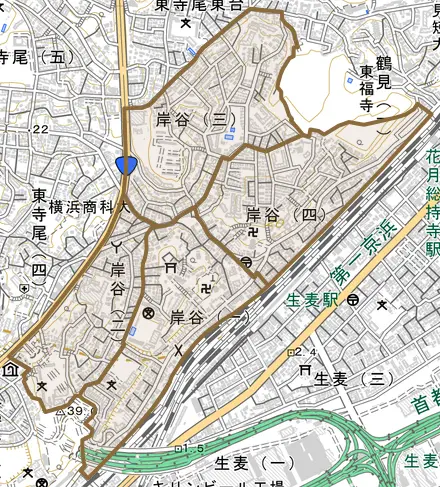 岸谷とその周辺の地図。町の範囲を重ねている