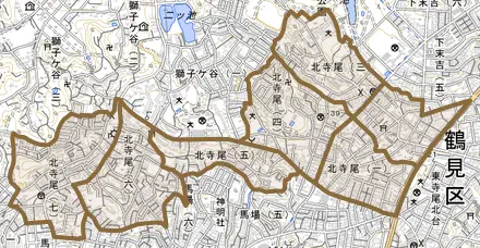 北寺尾とその周辺の地図。町の範囲を重ねている