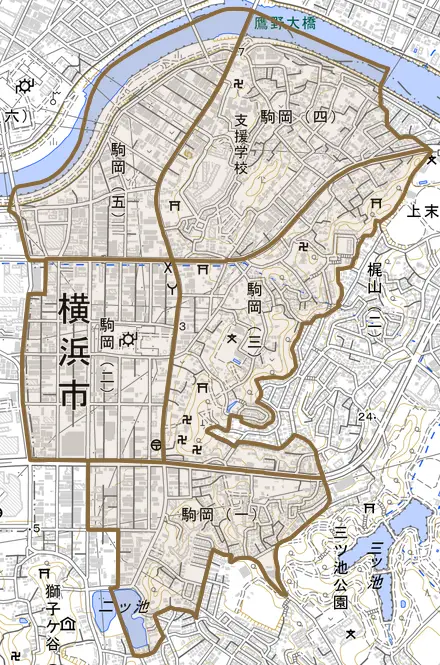 駒岡とその周辺の地図。町の範囲を重ねている