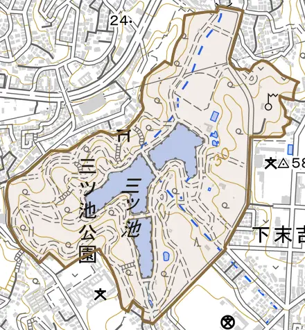 三ツ池公園とその周辺の地図。町の範囲を重ねている