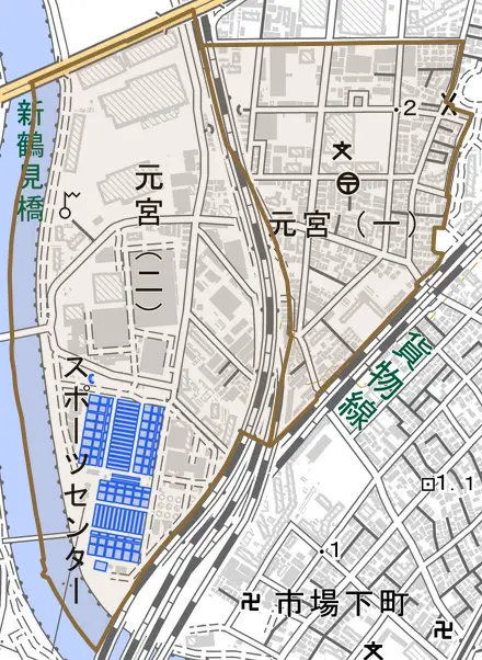 元宮とその周辺の地図。町の範囲を重ねている