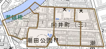 向井町とその周辺の地図。町の範囲を重ねている