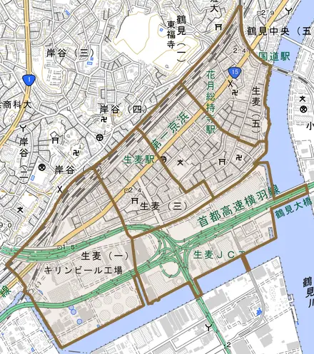 生麦とその周辺の地図。町の範囲を重ねている