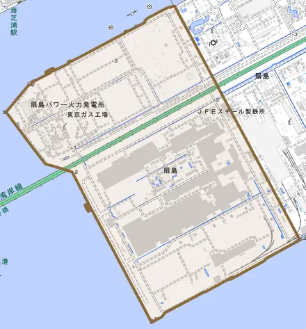 扇島とその周辺の地図。町の範囲を重ねている