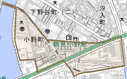 小野町とその周辺の地図。町の範囲を重ねている