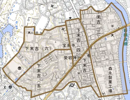 下末吉とその周辺の地図。町の範囲を重ねている