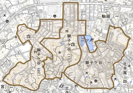 獅子ケ谷とその周辺の地図。町の範囲を重ねている