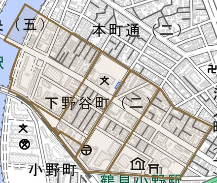 下野谷町とその周辺の地図。町の範囲を重ねている