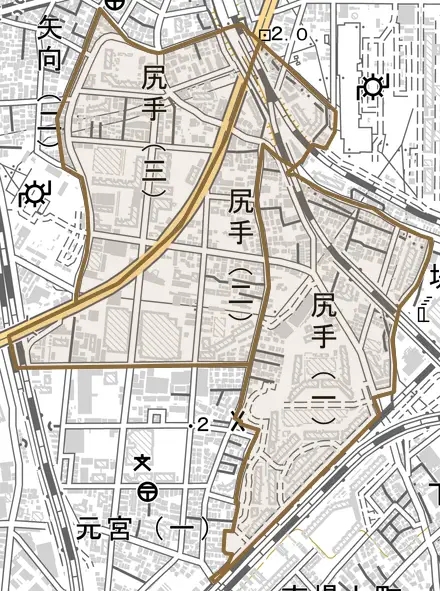 尻手とその周辺の地図。町の範囲を重ねている