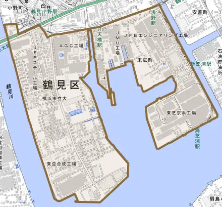 末広町とその周辺の地図。町の範囲を重ねている