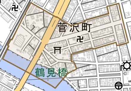 菅沢町とその周辺の地図。町の範囲を重ねている