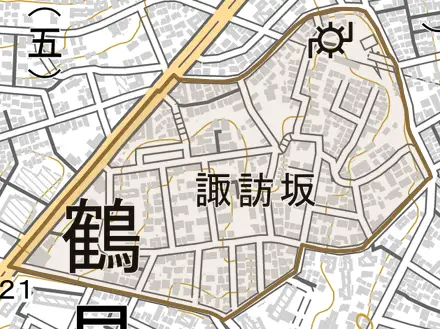 諏訪坂とその周辺の地図。町の範囲を重ねている
