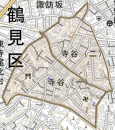 寺谷とその周辺の地図。町の範囲を重ねている