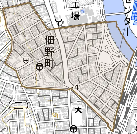 佃野町とその周辺の地図。町の範囲を重ねている