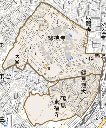 鶴見とその周辺の地図。町の範囲を重ねている