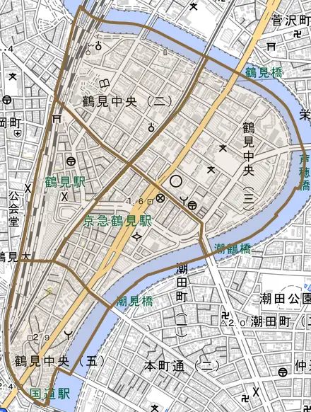 鶴見中央とその周辺の地図。町の範囲を重ねている