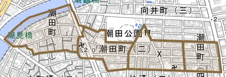 潮田町とその周辺の地図。町の範囲を重ねている