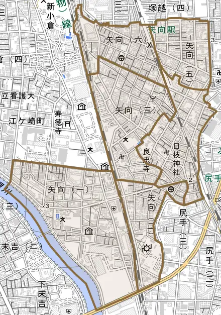 矢向とその周辺の地図。町の範囲を重ねている