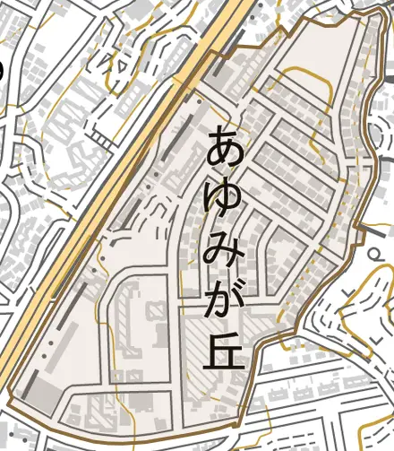 あゆみが丘とその周辺の地図。町の範囲を重ねている