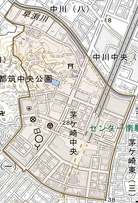 茅ケ崎中央とその周辺の地図。町の範囲を重ねている