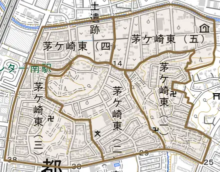 茅ケ崎東とその周辺の地図。町の範囲を重ねている
