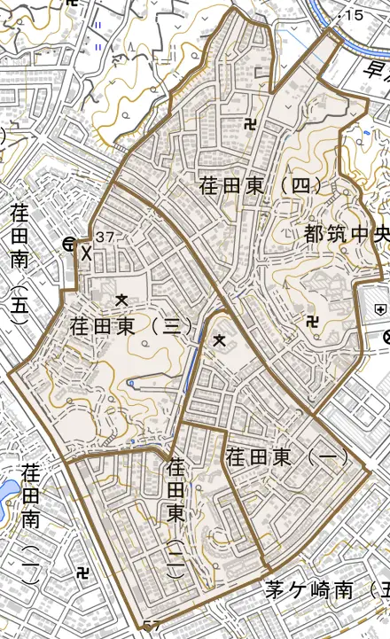 荏田東とその周辺の地図。町の範囲を重ねている