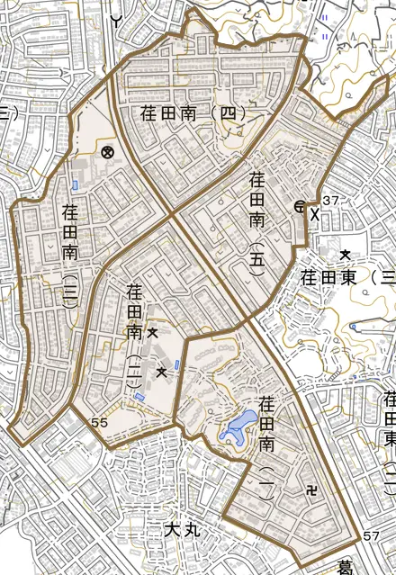 荏田南とその周辺の地図。町の範囲を重ねている
