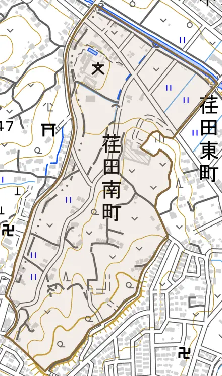 荏田南町とその周辺の地図。町の範囲を重ねている