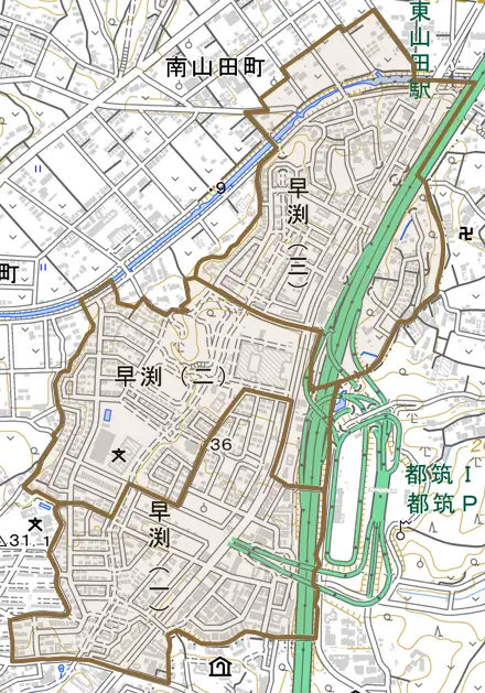 早渕とその周辺の地図。町の範囲を重ねている