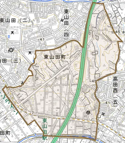 東山田町とその周辺の地図。町の範囲を重ねている