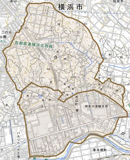 池辺町とその周辺の地図。町の範囲を重ねている