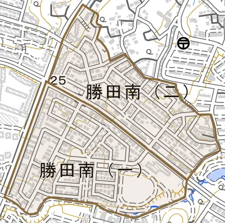 勝田南とその周辺の地図。町の範囲を重ねている
