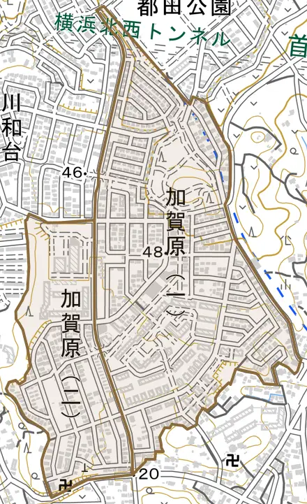 加賀原とその周辺の地図。町の範囲を重ねている