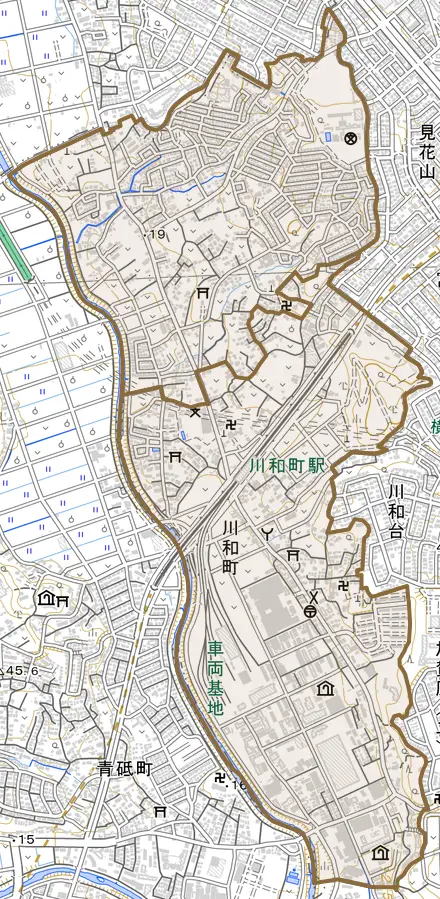 川和町とその周辺の地図。町の範囲を重ねている