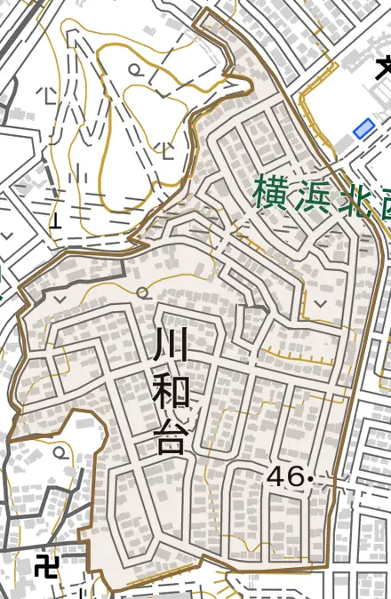 川和台とその周辺の地図。町の範囲を重ねている