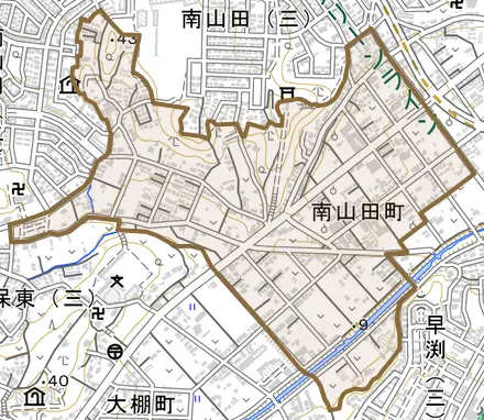 南山田町とその周辺の地図。町の範囲を重ねている