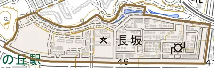 長坂とその周辺の地図。町の範囲を重ねている