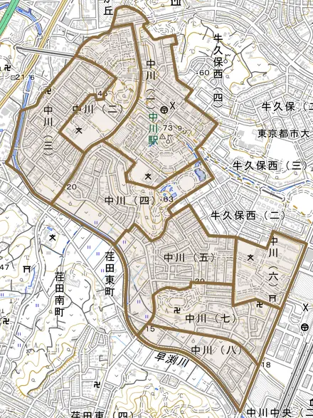 中川とその周辺の地図。町の範囲を重ねている