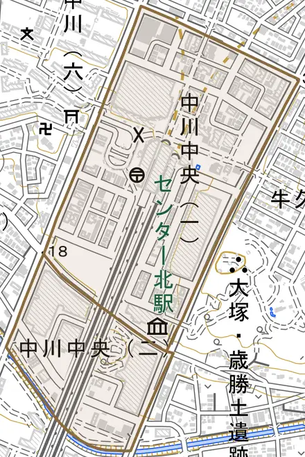 中川中央とその周辺の地図。町の範囲を重ねている