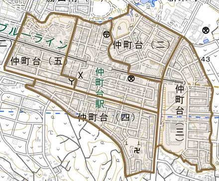 仲町台とその周辺の地図。町の範囲を重ねている